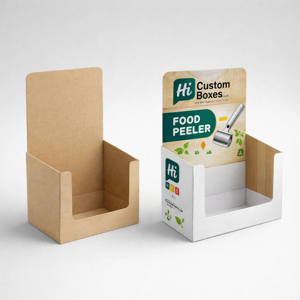 Cardboard counter display units with a high-back header, one plain brown and one with branding. class=